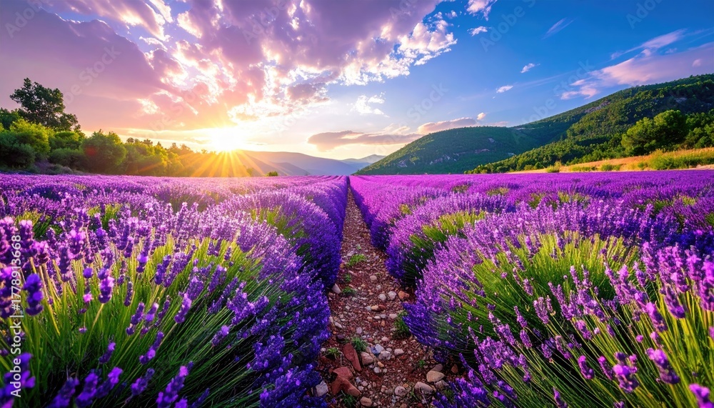 Naklejka premium Vast Lavender Field at Sunset with Mountain Backdrop and Dramatic Clouds Casting Golden Light