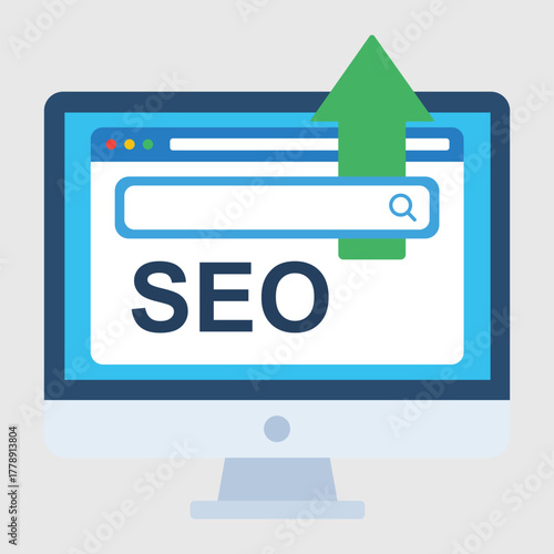 A computer monitor displaying a search bar with an upward arrow and SEO, symbolizing search engine optimization and improved ranking