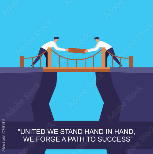 Two businessmen collaborate to build a bridge over a chasm, symbolizing teamwork and forging a path to success.