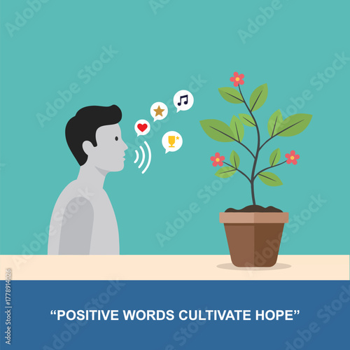 A person speaks positive words towards a growing potted plant, symbolizing how encouragement cultivates hope and personal development.