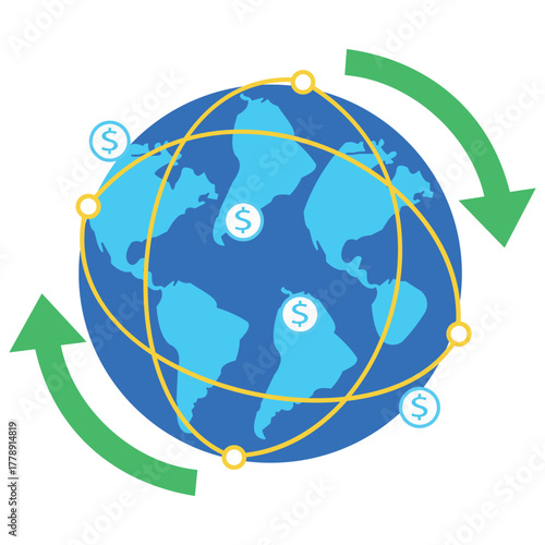 A globe surrounded by financial symbols and arrows, representing global finance and fintech