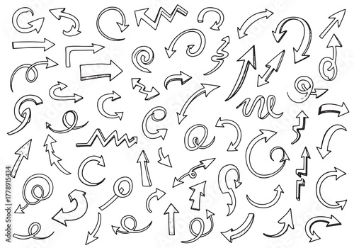 Extensive collection of handdrawn dashed arrows pointing in various directions, ideal for adding detail to your designs