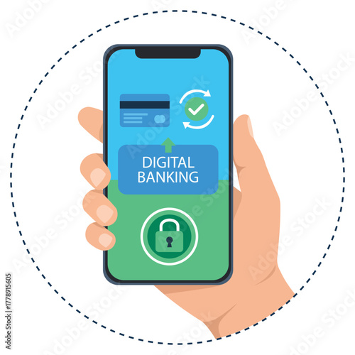 A hand holding a smartphone displaying a secure transaction with a credit card and lock icon, representing digital banking and online payments
