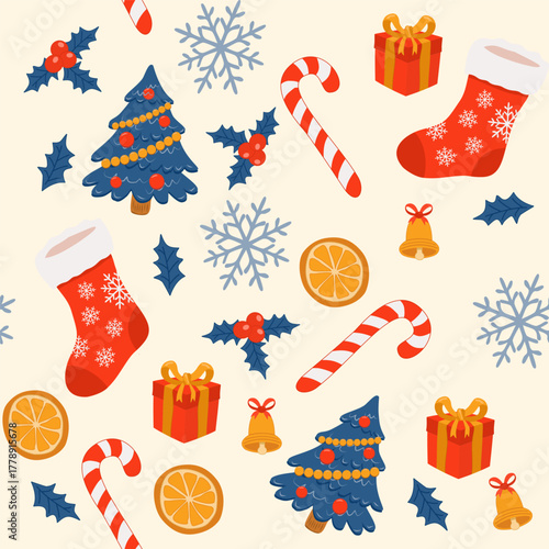 Seamless Christmas pattern with trees, gifts, stockings and candy canes