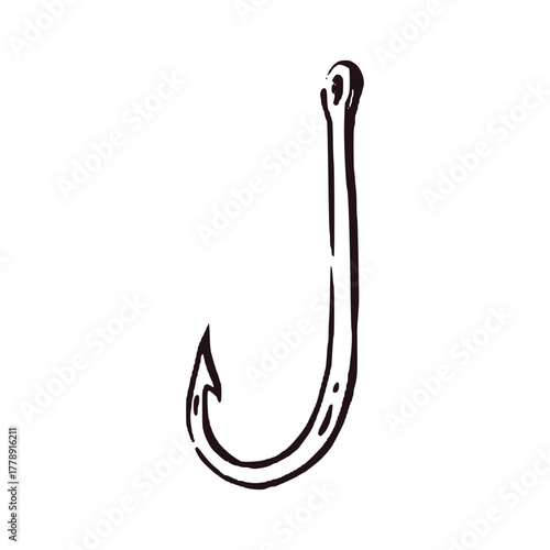 A fish hook made of metal, hand-drawn in ink and translated into a vector. Vector illustration for printing on fishing products, tackle, for printing in magazines and books. Vector illustration