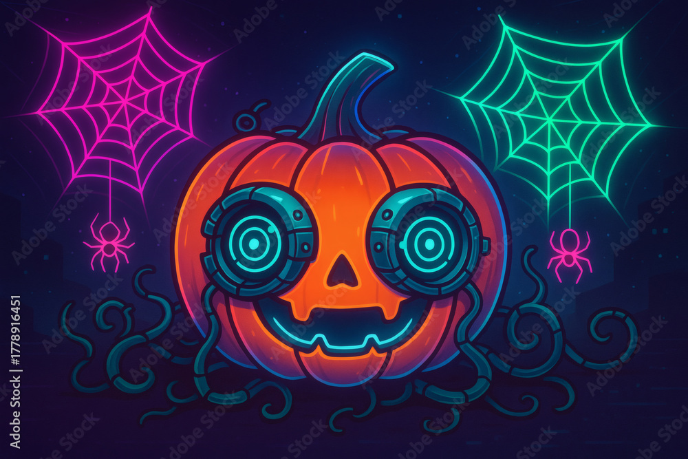 Fototapeta premium Neon glow pumpkin with robotic eyes and spooky halloween webs