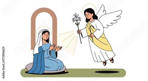 Biblical illustration of the Annunciation, with the Angel Gabriel appearing to the kneeling Virgin Mary.