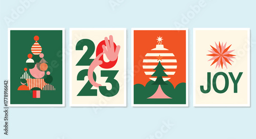 Festive christmas card set with modern design, featuring abstract christmas trees and joyful greetings for the holiday season