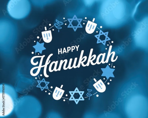 Happy hanukkah greeting card with stars of david and dreidels in a festive blue theme design
