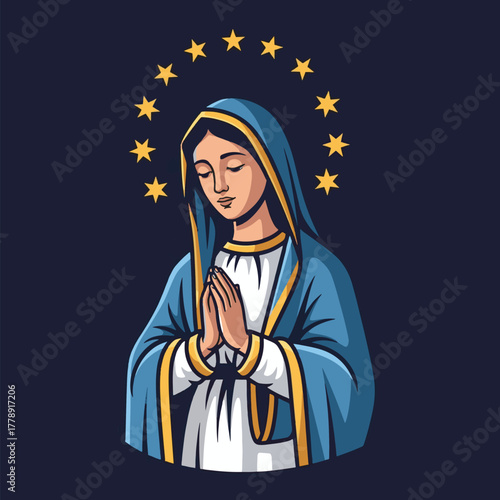 Stylized illustration of the Virgin Mary praying with a halo of twelve stars, depicting religious devotion and grace.