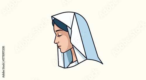A side profile illustration of a woman wearing a white and blue head covering, with her eyes closed.