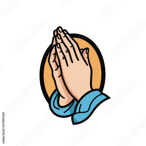 Illustration of praying hands with a light brown circle background.
