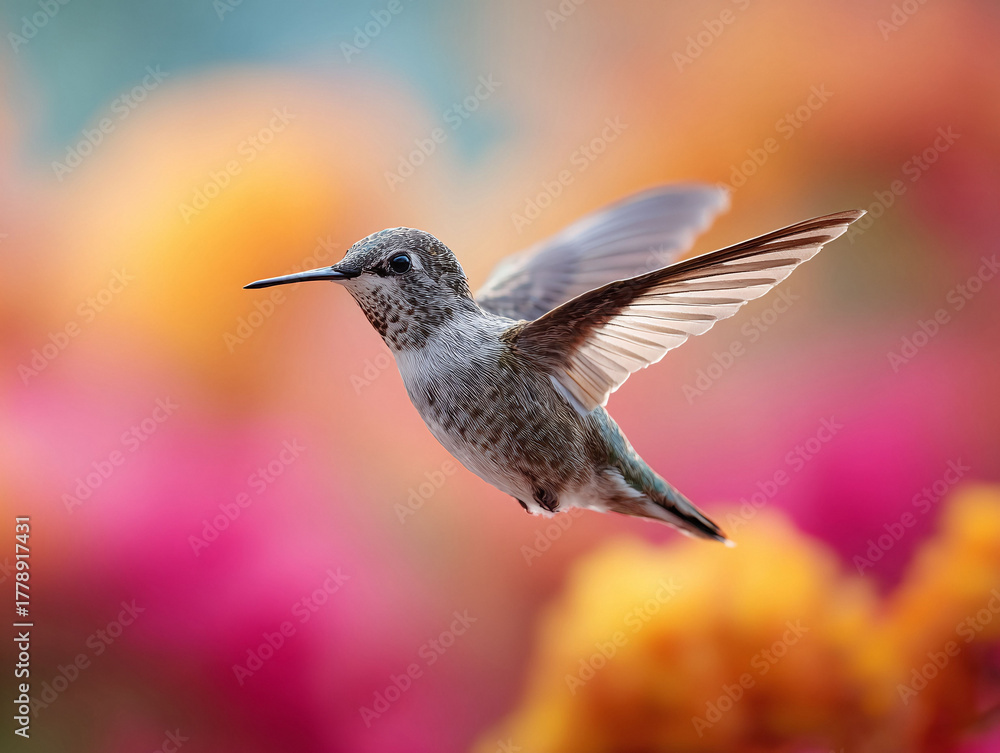 Fototapeta premium A hummingbird in midflight against a blurred, colorful floral backdrop. Symbolizes grace, speed, and natures beauty. Perfect for conveying concepts of agility, freedom, or tranquility.