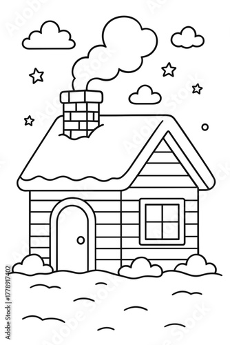 Simple coloring page of a house with chimney and snow background  