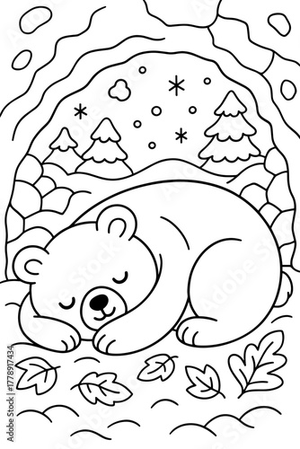 Bear cub hibernating in a den surrounded by winter landscape - Concept of coloring pages  
