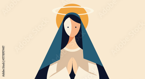 A modern, minimalist vector illustration of the Virgin Mary praying with a halo.