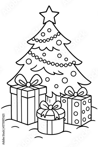Christmas tree with presents and decorations for детские раскраски  