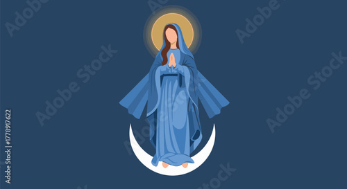 Illustration of Virgin Mary with halo and blue robe standing on crescent moon.