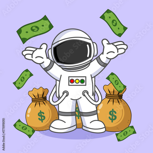 Cute Astronaut Pose with Money Sack Vector Illustration Cartoon Design
