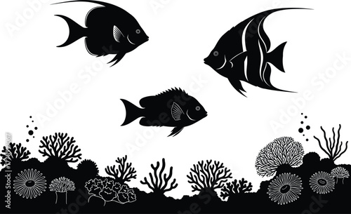 Elegant tropical fish silhouette swimming over coral reef underwater scene, marine life vector illustration for ocean ecosystem design and decoration