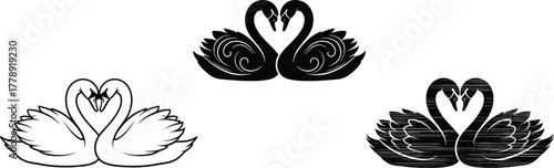 Romantic swan couple heart shape love symbol elegant bird illustration lake wildlife harmony black and white vector design