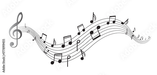 Wavy musical melody with floating notes on staff lines. Elegant music score illustration for banners, posters, greeting cards, background
