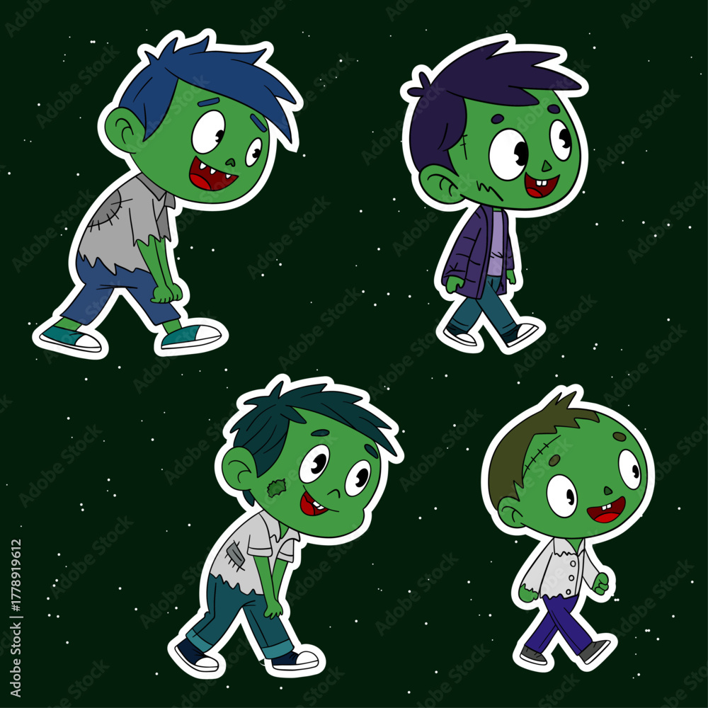 Naklejka premium Magical day Halloween. Cute zombie cartoon stickers mask costume. Happy and smiling funny green skin monster. Line art element collections