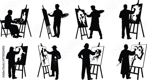 Artist silhouette, painting pose, canvas easel, brush stroke, creative gesture, seated figure, standing painter, art scene, black shape, studio