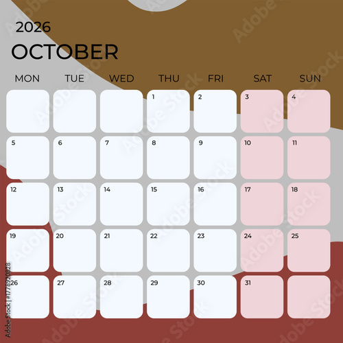 Modern Abstract October 2026 Calendar Template