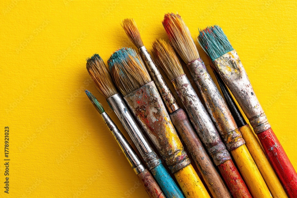 Fototapeta premium Vibrant collection of paintbrushes displayed on a bright yellow background, showcasing their diverse colors and textures in an artistic arrangement