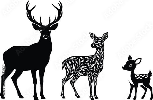 Elegant deer family silhouettes and decorative floral deer design wildlife nature illustration vector art stag doe fawn forest animals