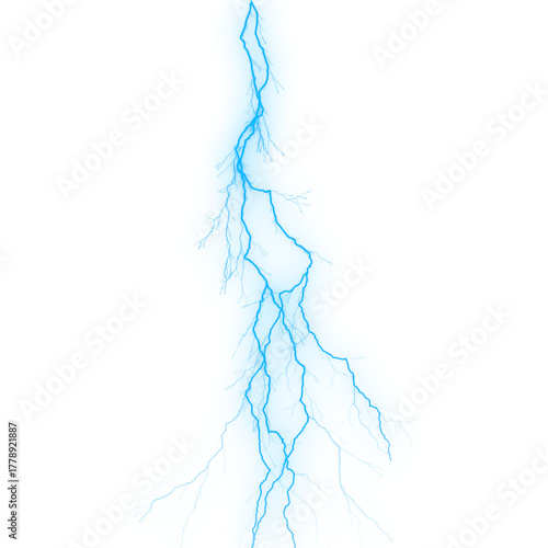 Blue lightning bolt electrical discharge illustration isolated on white background for design elements and special effects