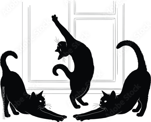 Three black cats stretching and playing near window, elegant pet silhouette vector illustration showing feline movement, balance and flexibility