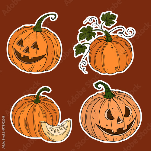 Stickers set collection for Halloween occasion. Cute and orange magical pumpkins cut out. Halloween decoration autumn october festive
