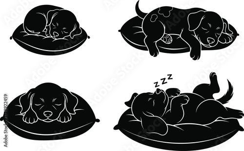 Cute sleeping puppy dog resting on soft pillow, adorable pet animal silhouette vector illustration set, peaceful nap and relaxation concept