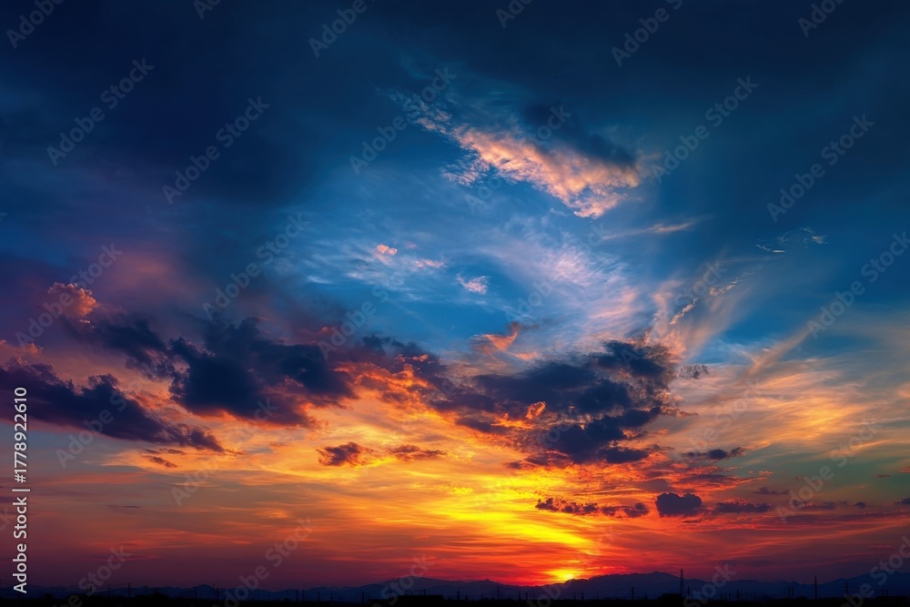 Fototapeta premium Stunning sunset sky panorama with vibrant colors and dramatic clouds over the horizon