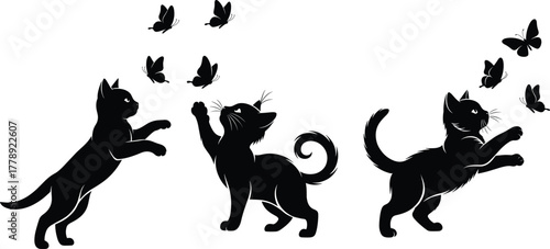 Playful black cat chasing butterflies in motion, cute pet animal silhouette vector illustration design showing curiosity, fun and lively movement