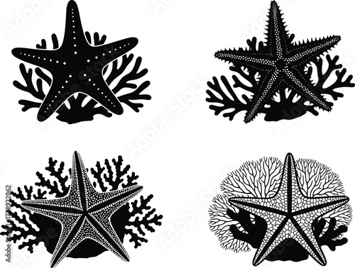 Elegant starfish and coral silhouette collection, marine ocean wildlife vector illustration set, perfect for nautical design, sea decor, and underwater themes