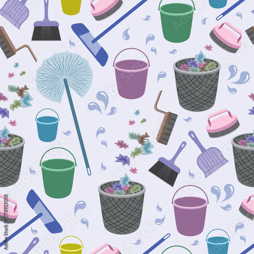 Vector seamless pattern on the theme of cleaning services, putting things in order, purity. Background with cartoon equipment and household chemicals on light background