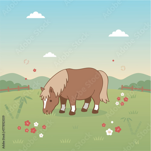 PonyPasturePlumFlowers (ポニーの牧草地と梅の花)