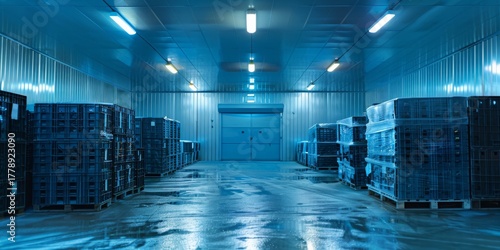 Cold storage warehouse with stacked crates and pallets