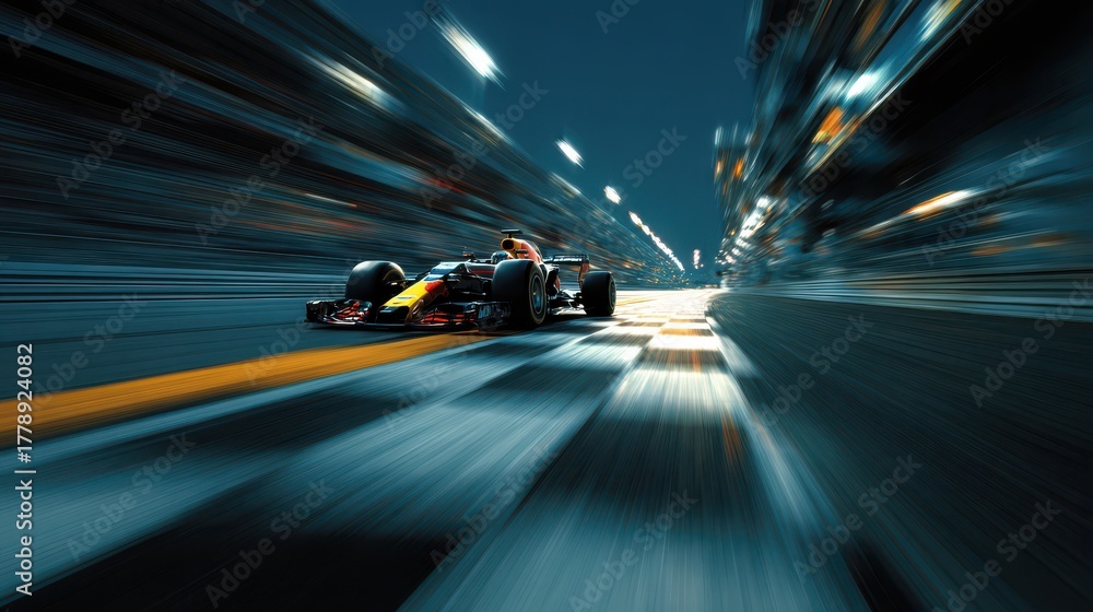 Obraz premium A formula one race car speeds across the finish line with motion blur and dynamic lighting at night