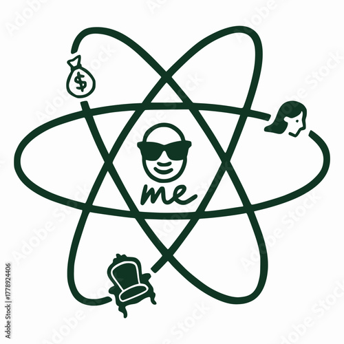 Egocentric or self-centered concept vector illustration, "me" as the center of the universe with money, women, and status in orbit.