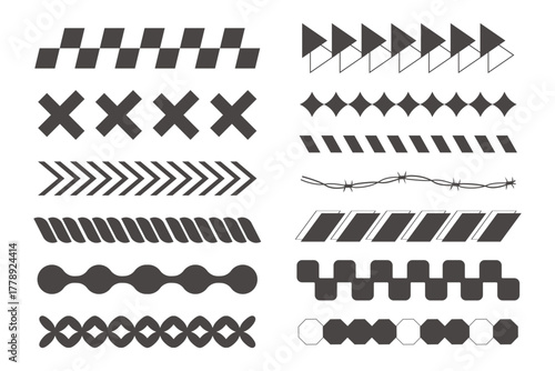 Y2k geometric elements border set, heart with flame, barbed wire divider. Groovy cyber retro design elements. 