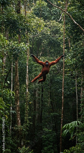 A large reddish ape swings through the dense tropical canopy. The lush, humid rainforest environment shows extreme biodiversity ,exotic ,dense ,lush