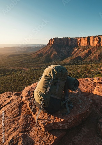 A large traveling backpack resting on rocks overlooking a vast, remote landscape during a sunny afternoon hike and wilderness adventure ,hiking ,path ,nomadic