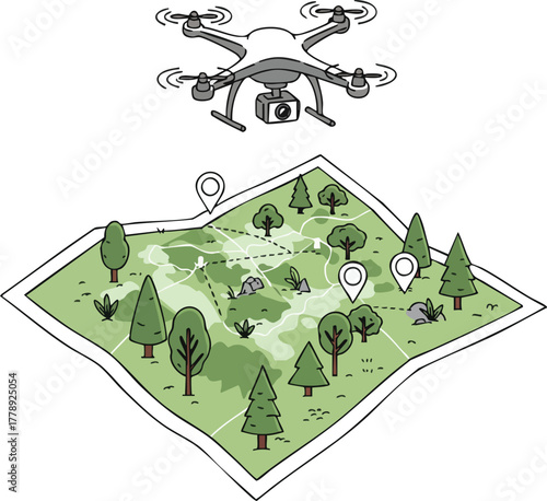 A drone flies over a green map with trees and location markers.