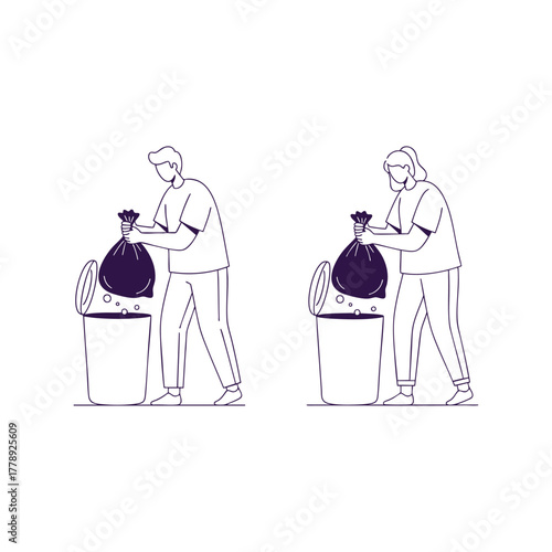 Throwing Trash in Bin – Clean Lifestyle Line Art