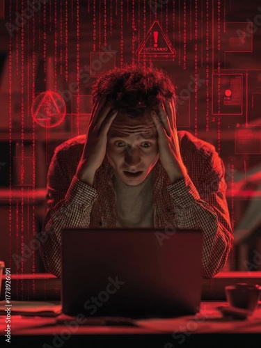 Digital Dilemma: A person is overwhelmed with a screen that flashes red warning signs. The room lights cast a dramatic, intense glow.