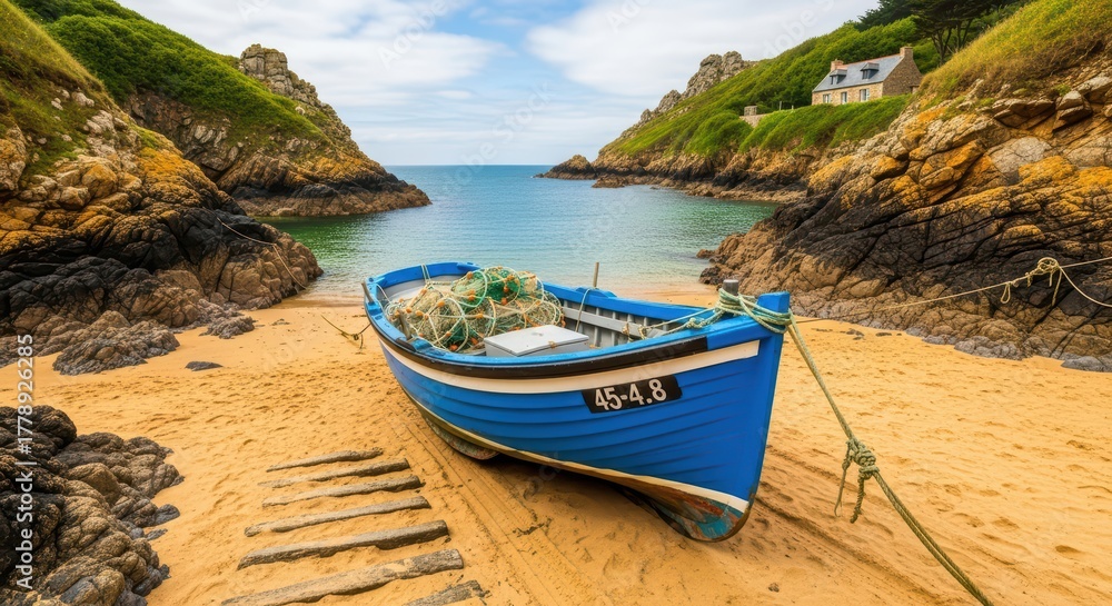 Obraz premium Tranquil coastal cove with blue fishing boat on sandy beach and rocky cliffs